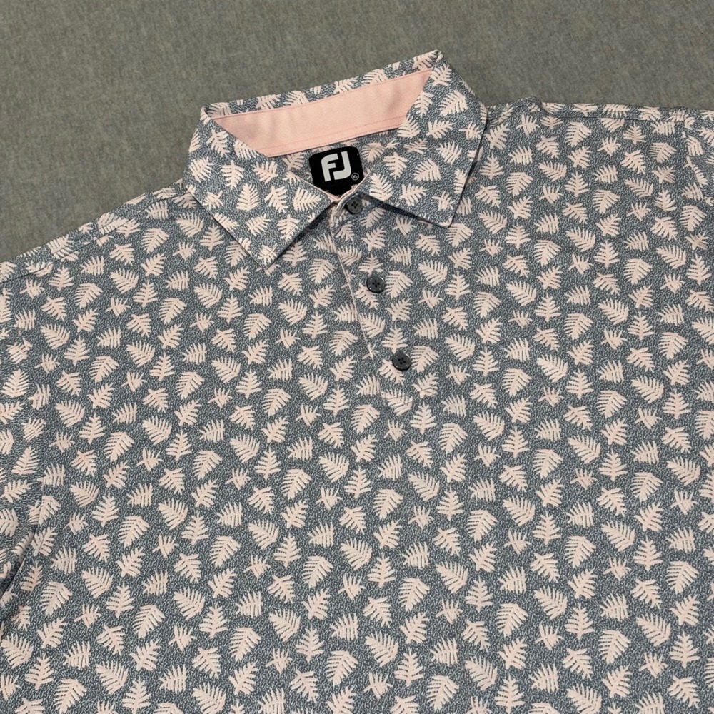 FootJoy Mens XL Performance Golf Polo Blue Pink Fern Leaf Print Shirt 29589